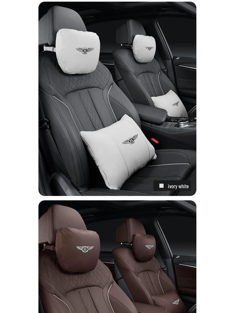Genuine Leather Headrest, Lumbar Support, and Neck Pillow for Bentley Continental, Bentayga, Flying Spur, and Mulsanne Interiors.