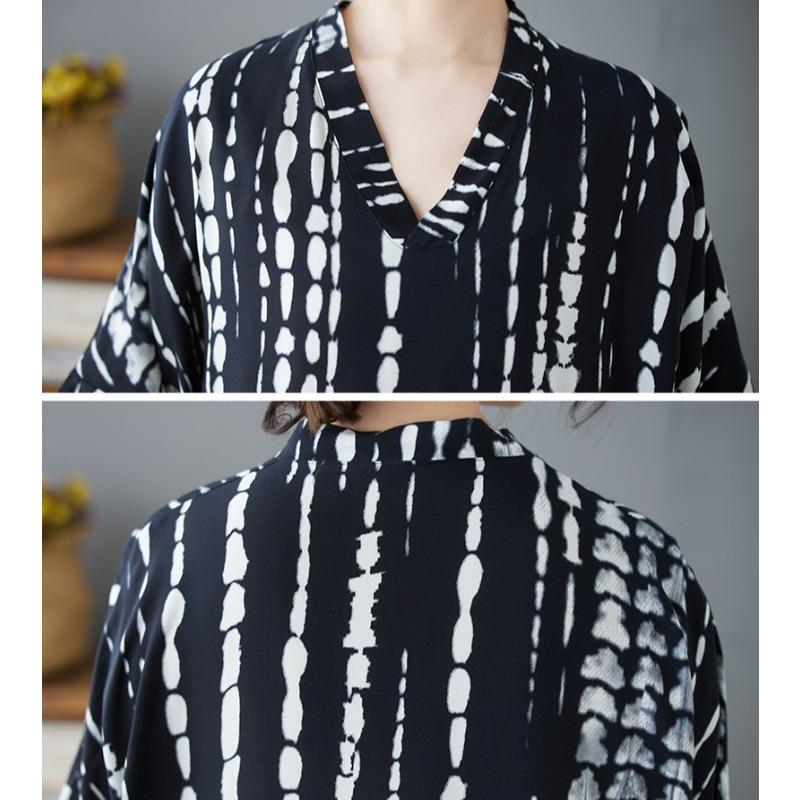 DIMANAF Plus Size 2025 Летнее длинное принтованное платье женское базовое винтажное пляжное повседневное платье с V-образным вырезом свободное платье