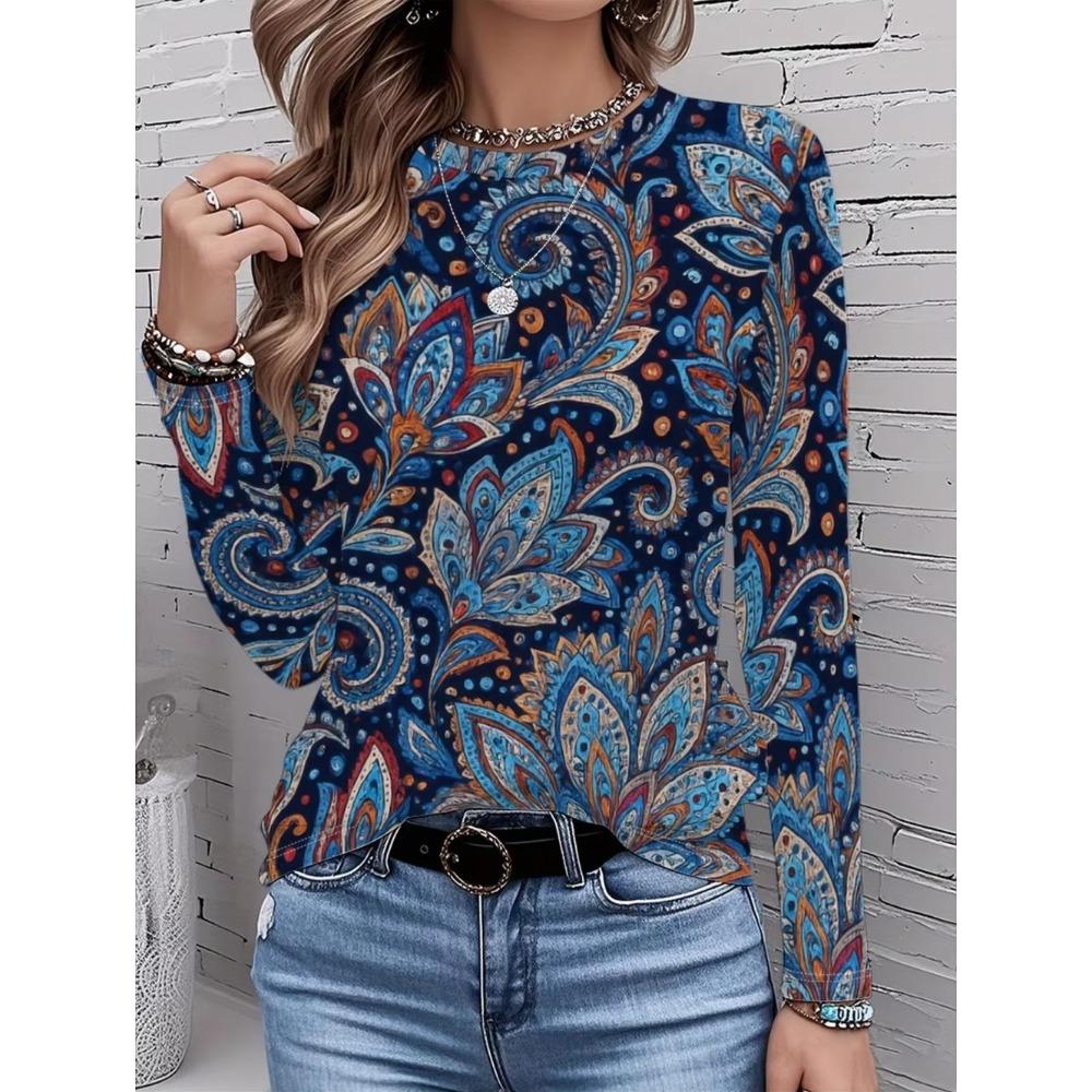 Women's T-Shirts Spring Autumn Bohemian Style Fashion Casual Vintage Pattern Female Long Sleeve T-Shirt Loose Womens Clothing