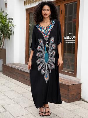 Богемный узор павлина Премиум-вышивка с V-образным вырезом Пляжные накидки для женщин Повседневное домашнее платье Летний купальник-накидка Свободный халат Q1663