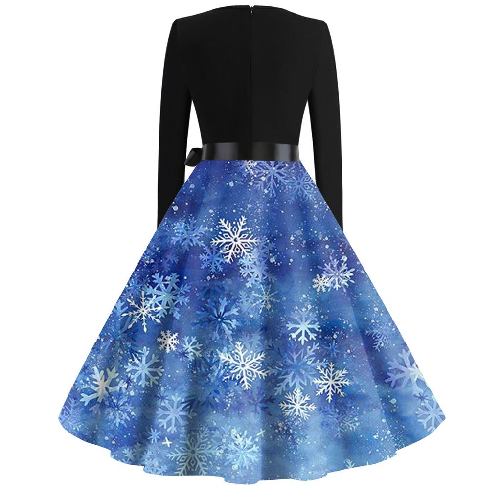 Women's Fashion Round Neck Casual Slim Christmas Printed Long Sleeve Dresses