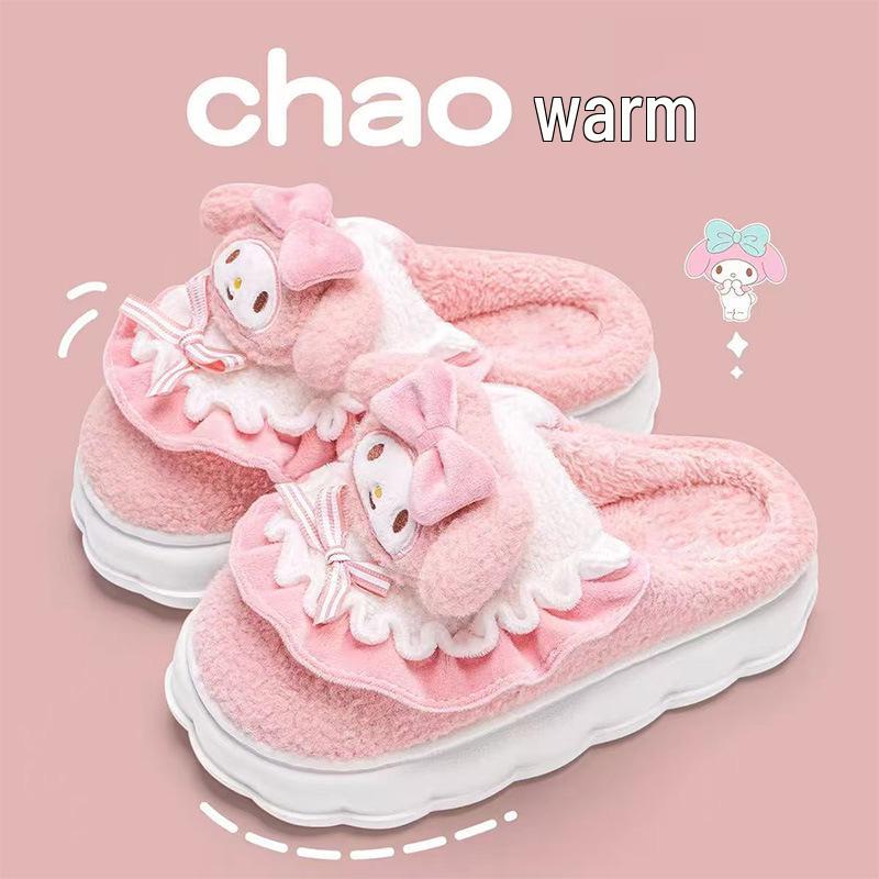 Женские плюшевые зимние тапочки Sanrio Kuromi - Домашние, для общежития, с толстой подошвой, теплые, хлопковые