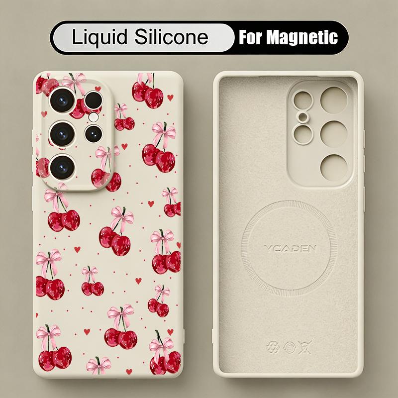Чехол с принтом вишневых бантиков для Samsung Galaxy S26 S25 Ultra S24 Plus S23 S22 Ultra Магнитный для Magsafe Жидкий силиконовый чехол