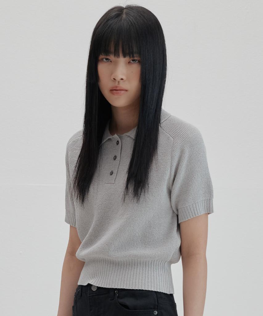 NONBLANK Raglan Half Sleeve Collar Crop Knit_Grey
