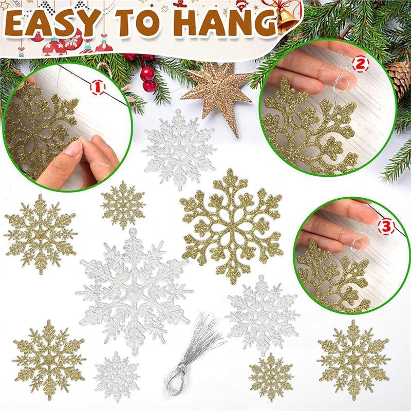 B-Est Glitter White Gold Snowflake Ornaments 24Pcs, Perfect For Christmas Tree Flake For Holiday Decor