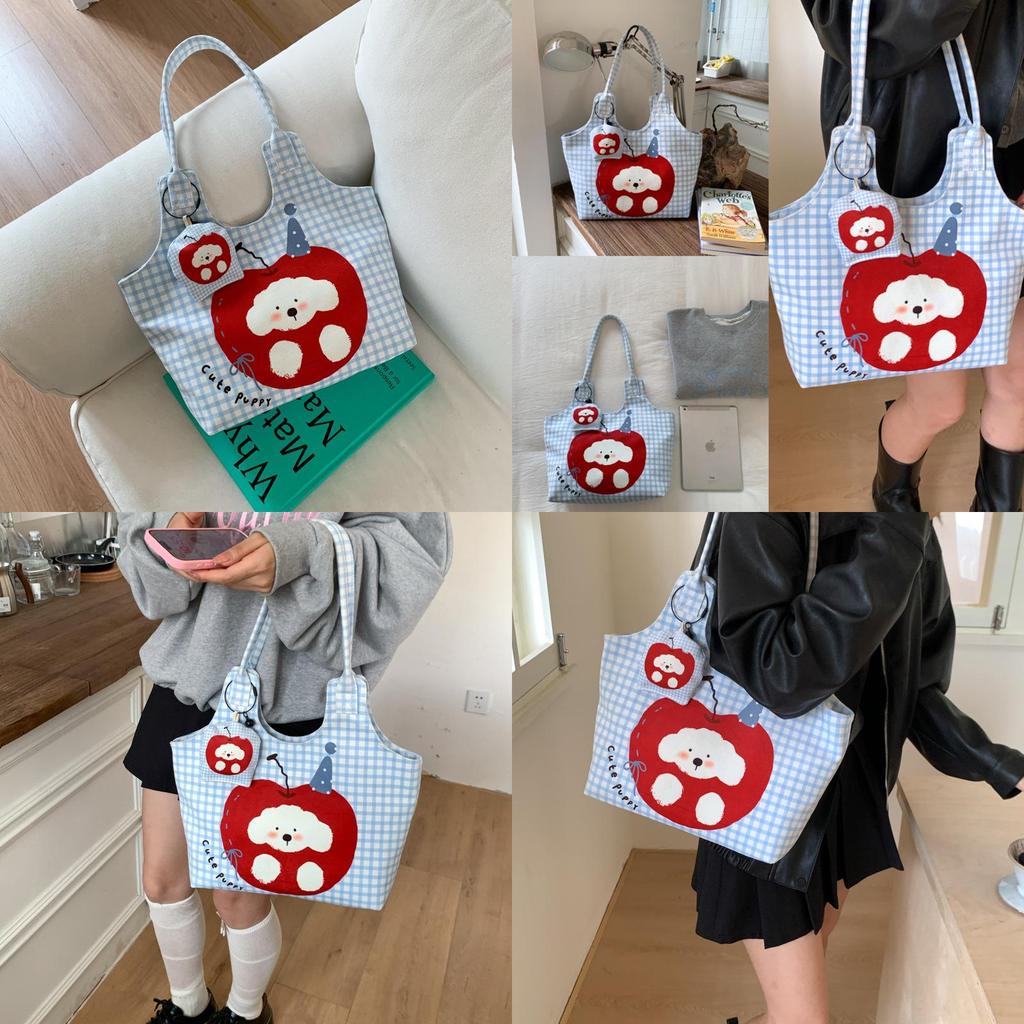 Cute Apple Dog Handheld Canvas Bag With Zipper Closure For Daily Office Use