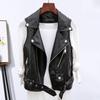 Women Vest Coat Faux Leather Smooth Surface Belt Decor Turn-down Collar Zip-up Sleeveless