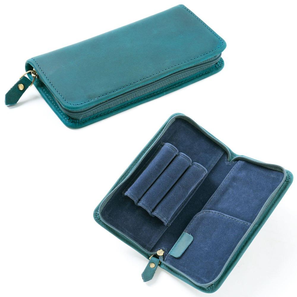 Top Layer of Cowhide Cowhide Pen Case Zipper Closure Card Holder Pen Pouch Handmade Large Capacity Pen Holder Organizer
