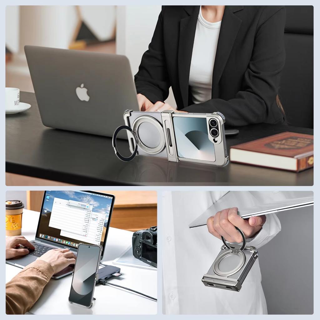Чехол Eary для Samsung Z Flip 7 с поддержкой MagSafe, алюминиевый, металлический, с магнитной подставкой, вращающейся на 360°, подставкой-ножкой, безрамный, противоударный бампер