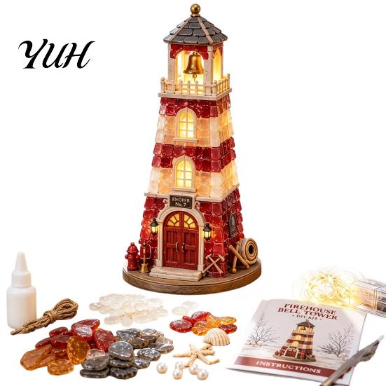 Unique Shelf Ornaments Mosaic Firehouse Craft Kit, Lighted Tower DIY 3D Sea LED String Light Crafts Glass Kit with Warm Lights for Adults, Handmade