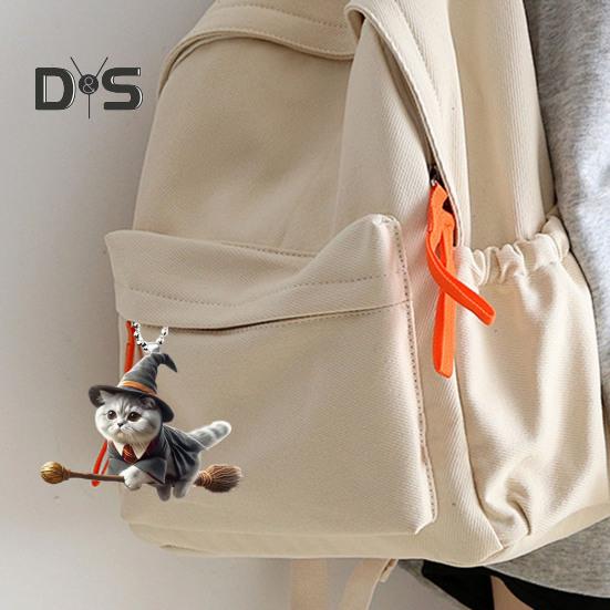 Halloween Wizard Cat Hanging Decoration Home Indoor Christmas Tree Car Rearview Mirror 2D Flat Acrylic Broom Kitten Hanging Ornament Animal Pendant