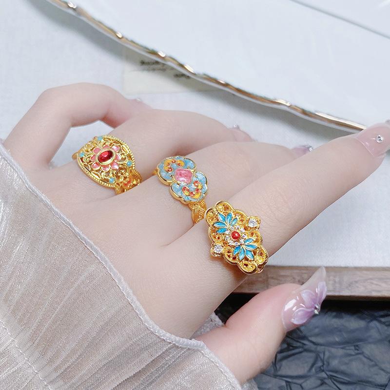 Flowering Color Medieval Enamel Open Ring Retro National Tide Pattern Personalized Heavy Industry Exquisite Niche Ring Woman