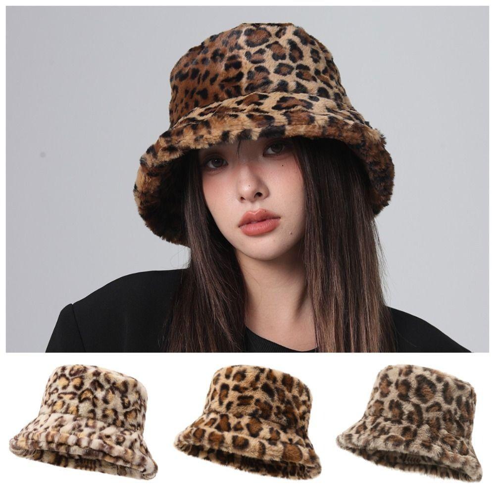 Korean Style Leopard Print Bucket Hat Windproof Thicken Winter Warm Hat Soft Trendy Women Plush Bucket Hat Autumn and Winter