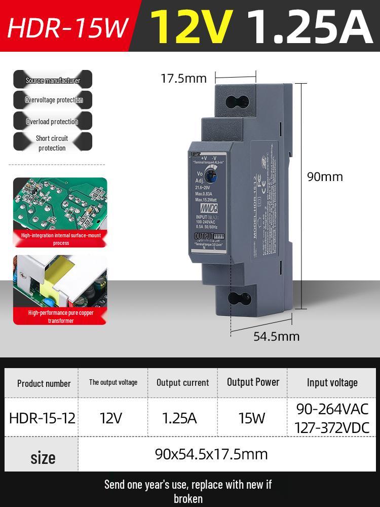 HDR-30 DIN Rail 24V Switched-mode Power Supply, DR-60-12 DC Transformer 220V to 5V, 30/100/15W.