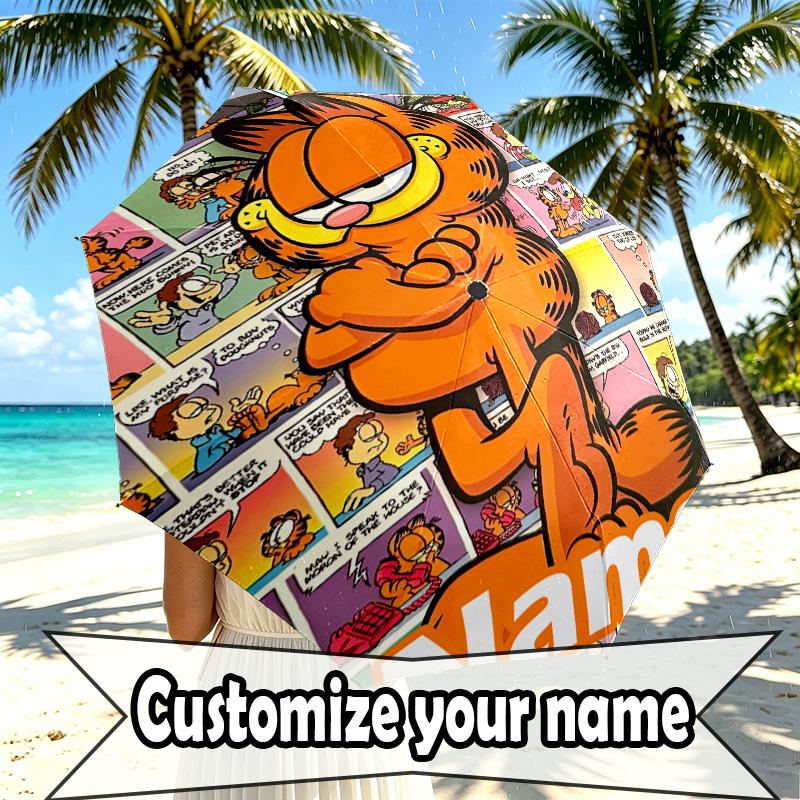 Custom Name Personalized Garfield Print Umbrella, Auto Open Close, 8‑Rib Sturdy Frame, Commute Camping Hiking Use, Birthday Gift