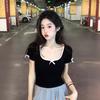 Unique Design Sense Summer Niche Fashion Square Collar Small Sweet and Spicy Pure Cotton Short-sleeved T-shirt Women's Short Thin Top