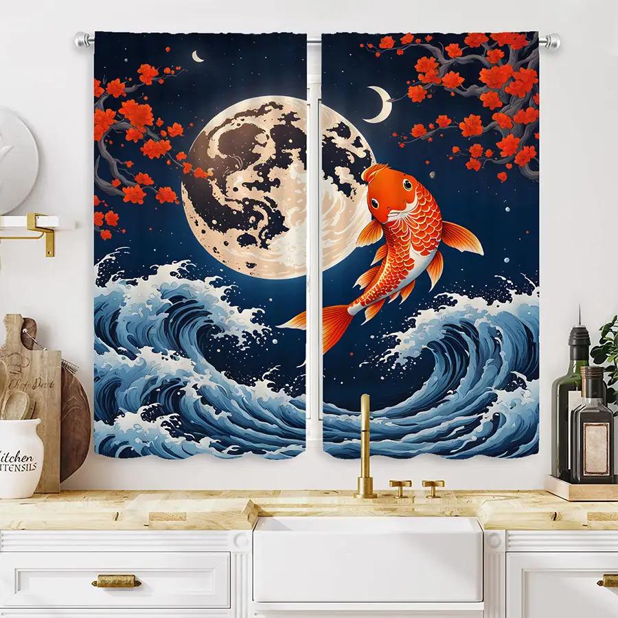 2pc Moon and wave pattern curtains, polyester fabric, machine washable, suitable for bedroom living room decoration