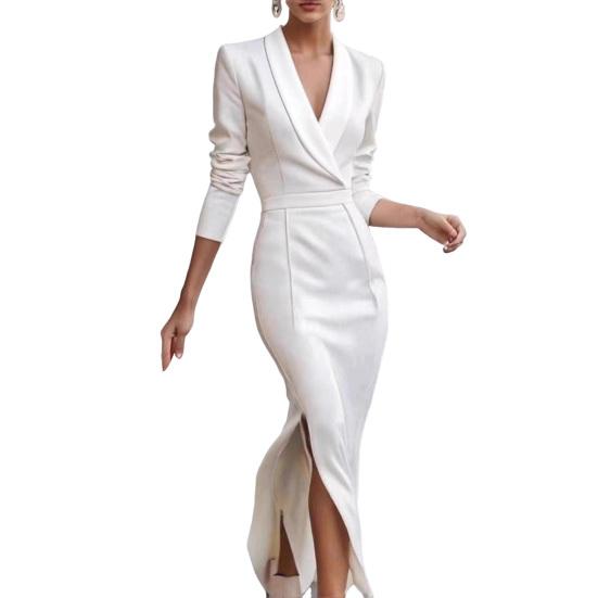 Женское миди платье-футляр бодикон с лацканами, V-образным вырезом и рукавами 3/4, офисное деловое платье, формальное коктейльное платье для работы с разрезом, платье-карандаш