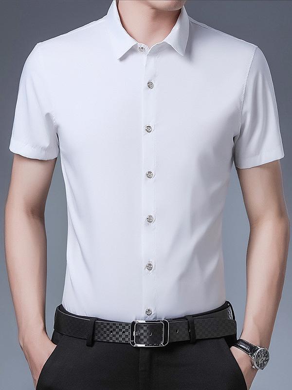 Men's Summer Solid Color Short-Sleeve Turn-Down Collar Shirt - Casual and Workwear Top
