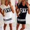 Women Fashion Letter Pattern Hoodie Casual Short Sleeve Drawstring Zipper Hoody Bodycon Short Dress