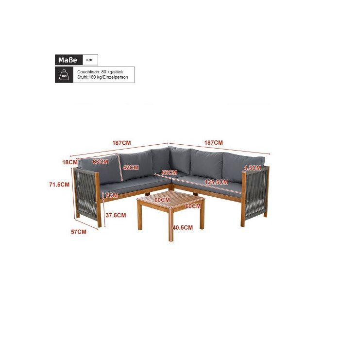 Salon de jardin, canapé d'angle + table basse, plateau en bois d'acacia, corde tressée, gris