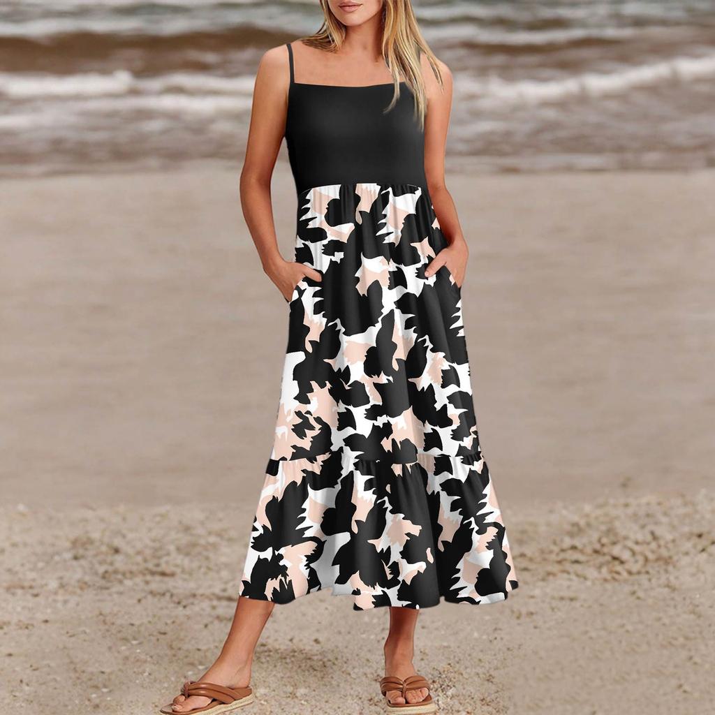 Women's Summer Spaghetti Strap Patchwork Beach Vacation Floral With Pocket Dresses