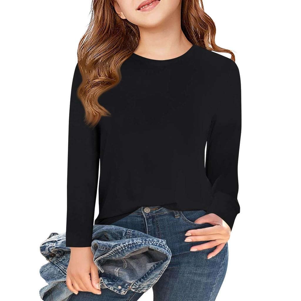 Футболки с длинным рукавом для девочек, детские осенние топы с круглым вырезом, базовые футболки для детей 5–14 лет