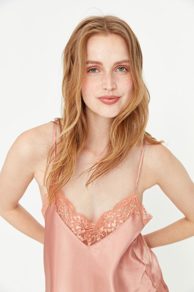 Women's Fashion New Pajama Set Green Lace Detailed Rope Strap Satin Woven Pajama Set