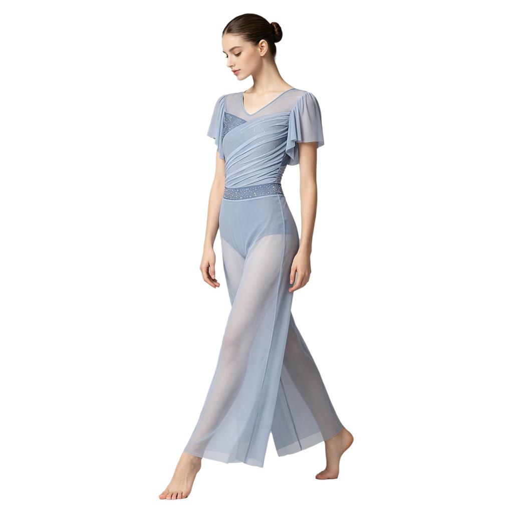 Womens Lyrical Dance Leotard Pants Suit Ruffled Sleeves Backless Sparkly Bodysuit Split Wide Leg Pants Dancewear