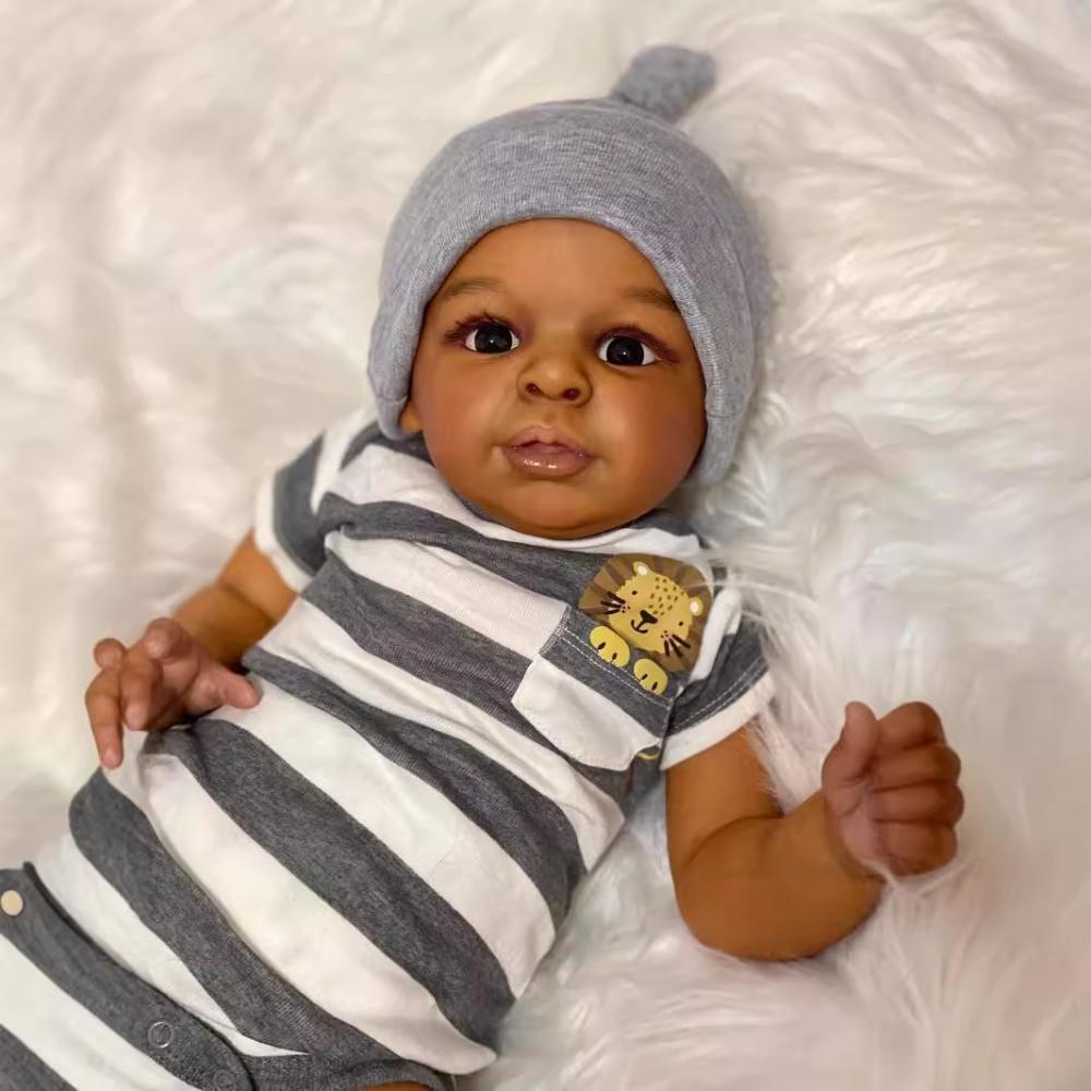 Cute 23 Inch Dark Skin Reborn Doll Jaylan Soft Touch Cloth Body Rebirth Baby Doll Hand-draw Hair Simulation Dolls for Kids Play House Toy Holiday Gift
