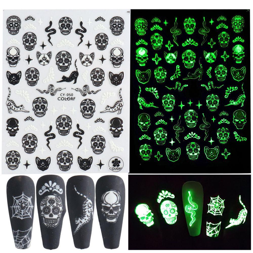 Adhesive Skull Pumpkin Spider Web Manicure Luminous 3D Halloween Nail Stickers Glow In The Dark