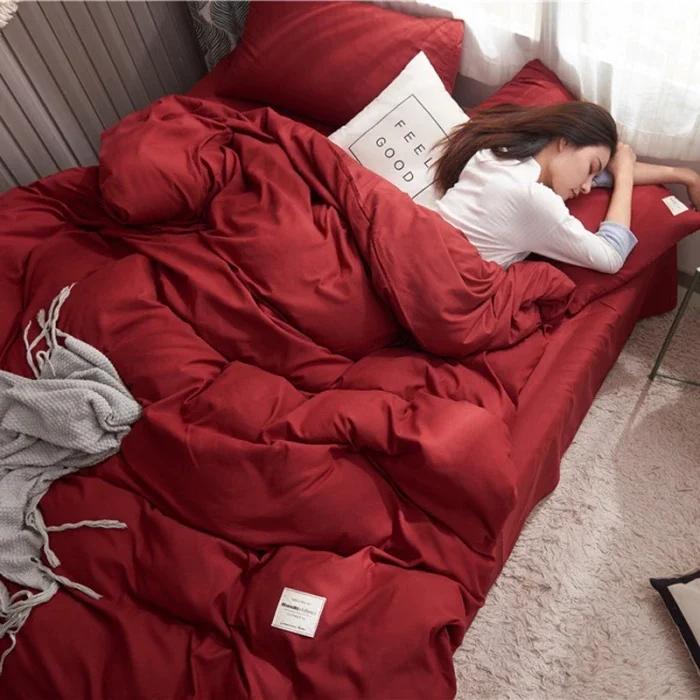 2024 new solid color double polished bed four-piece set Japanese bed sheet quilt cover mattress student kit multi-specification