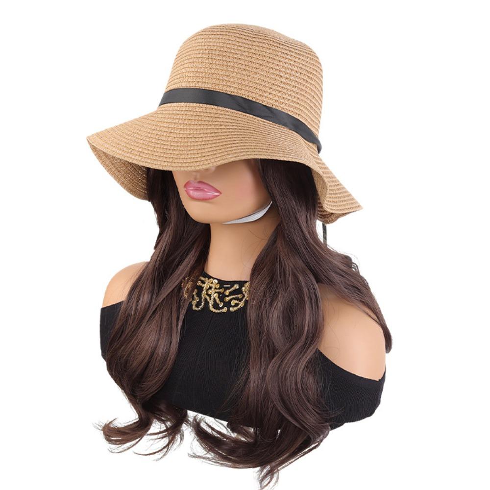 Wide Brim Fisherman Hat with Built-in Wig Sun Protection Long Wavy Curly Hair Vacation Accessory