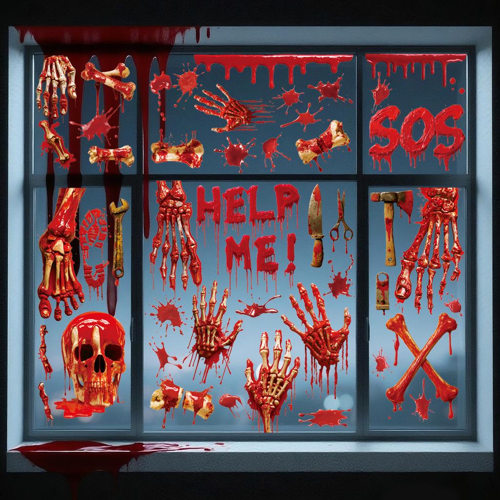 Halloween Window Clings Set Scary Bloody Handprint Sticker 3D Skeleton Head Horror Party Decor