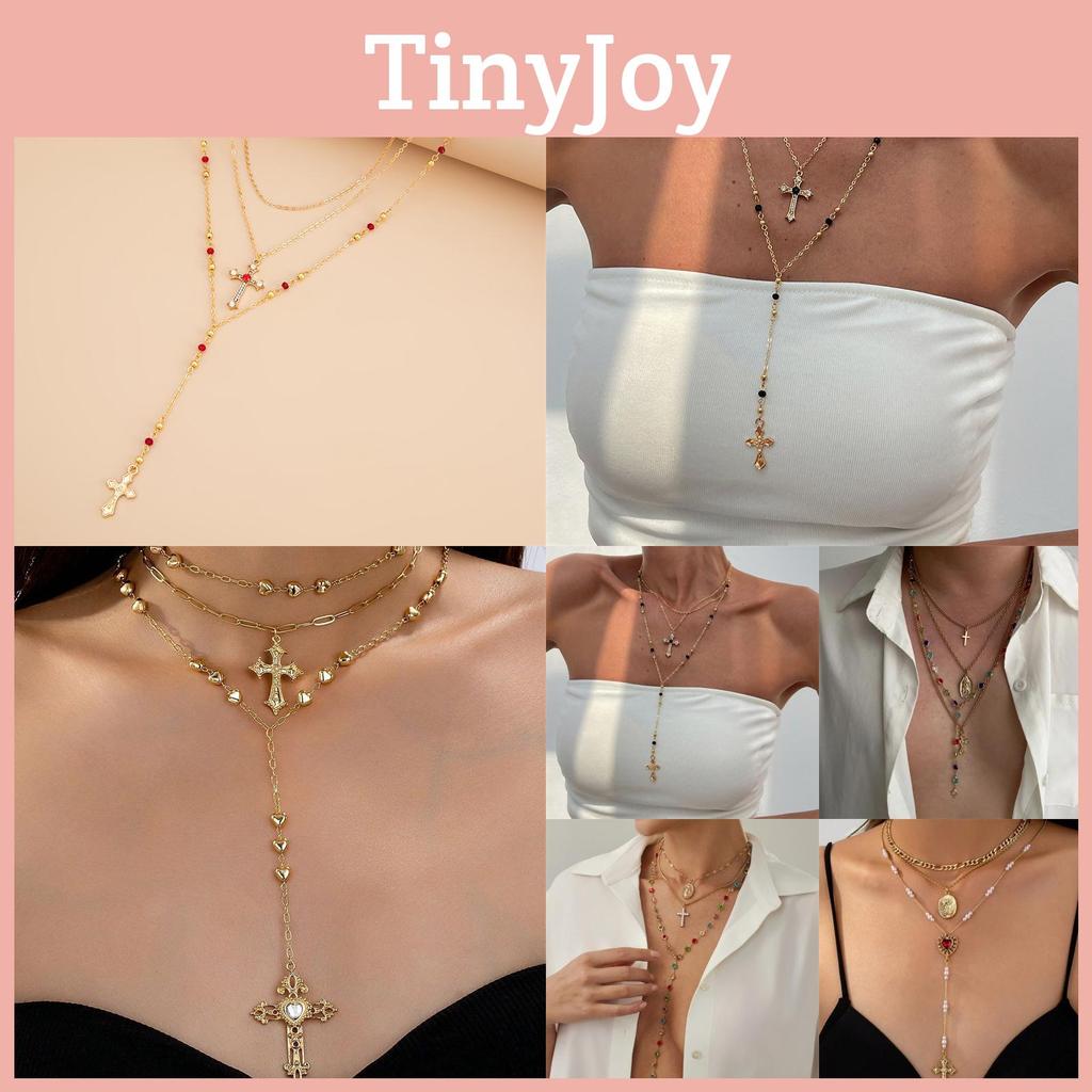 Cross Pendant Necklace For Women With Layered Y Design And Fringes