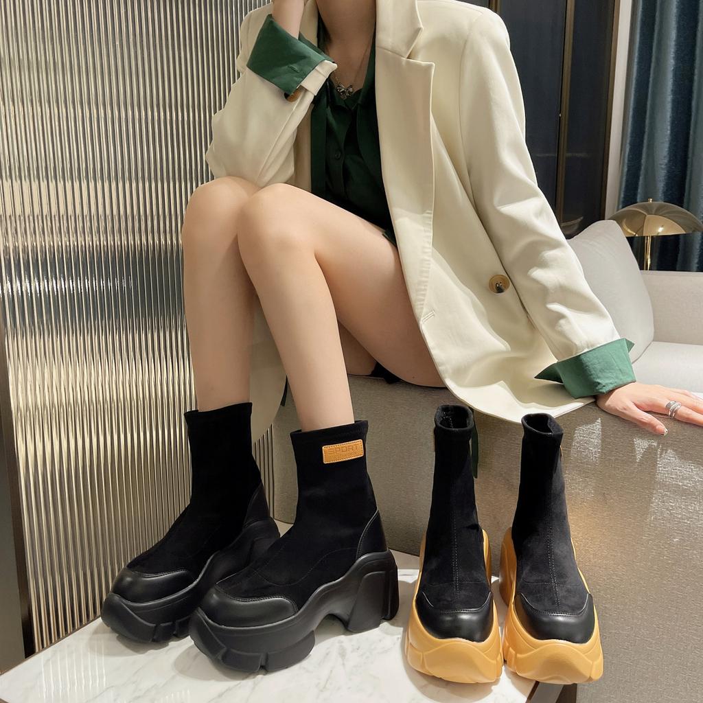 Интернет Знаменитости Носки Сапоги Женские Популярные Осень Зима Маффин Толстая Подошва Модные Средней Трубы Одиночные Сапоги Повседневные Голые Сапоги