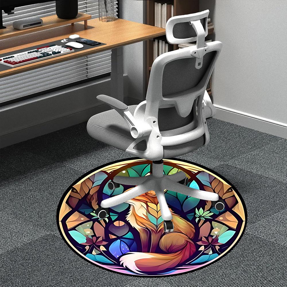 1pc Stained Glass Fox Office Round Area Rug, Indoor Mat Suitable ForOffice, Under Office Chairs Bedroom Living Room Home Decor, Room Deco D049