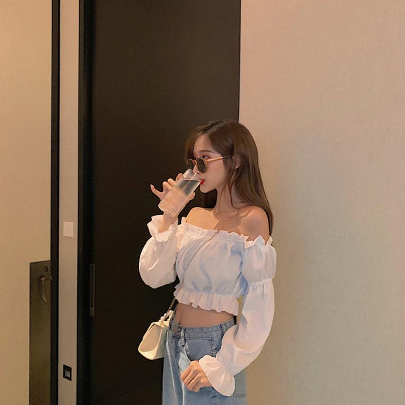 Женский топ, сексуальная блузка с открытыми плечами, топ с длинными рукавами, однотонная белая рубашка, туника с пышными рукавами и рюшами, укороченный топ, летний топ-труба