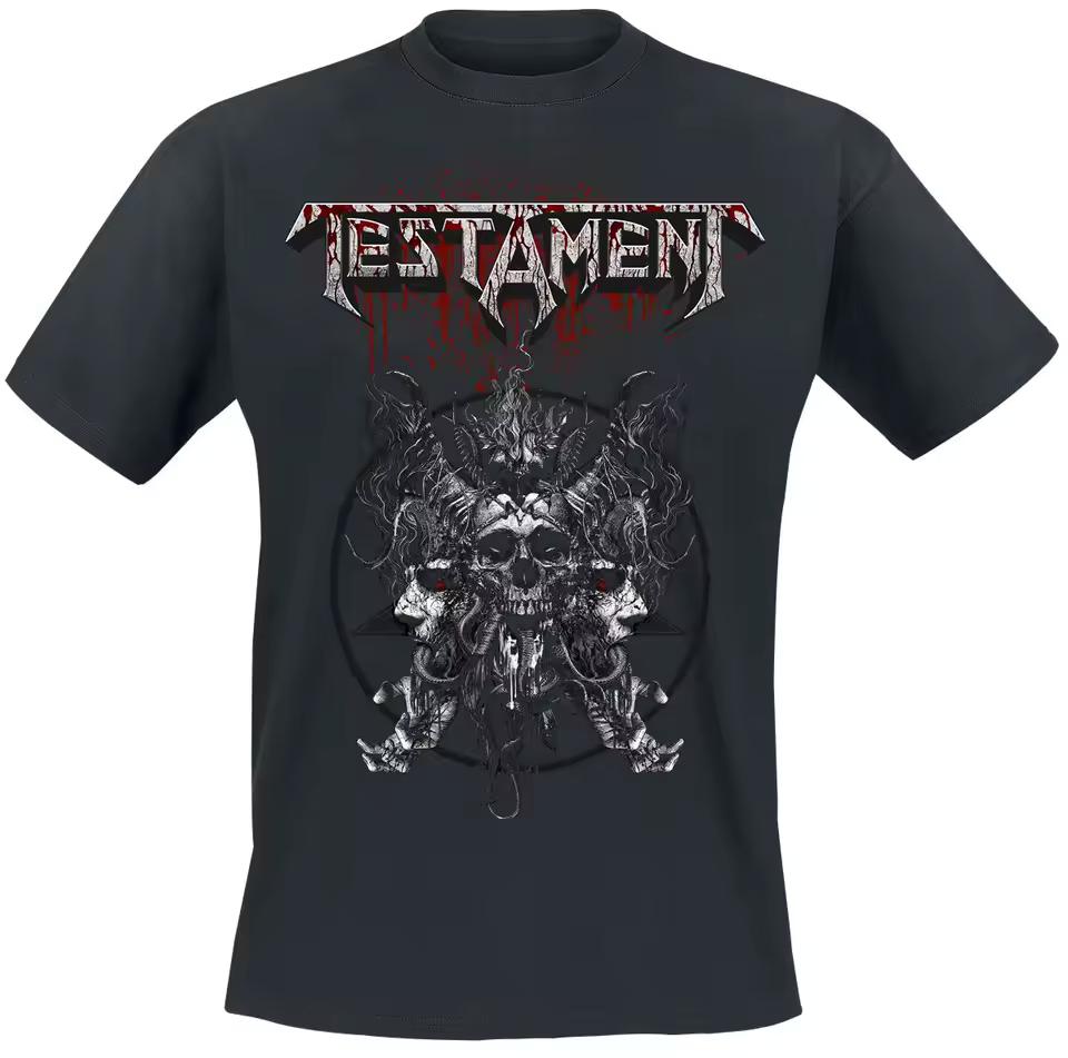 Testament Blood Skull Tee, Thrash Metal T-Shirt with Bloody Logo & Triple Skull Art, Testament Double-Sided Fan Merch