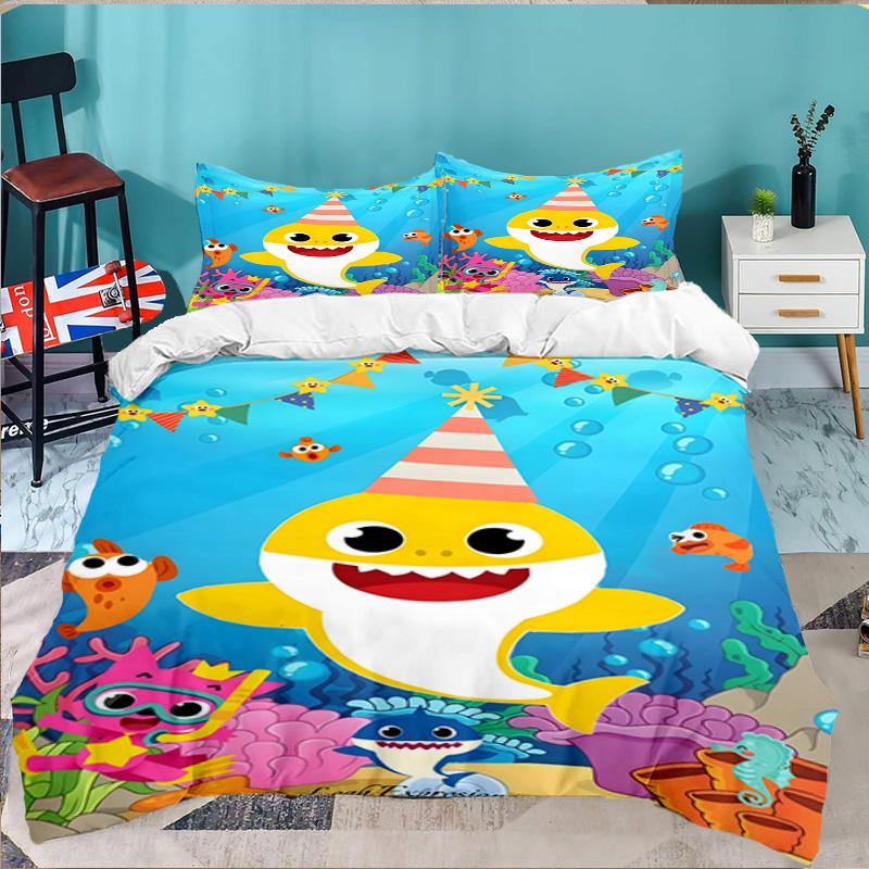 3PCS Cartoon Shark Bedding Set,Including 1pc Duvet Cover And 2pcs Pillowcases Perfect for Bedroom, Dormitory, Large size Fan Christmas gift