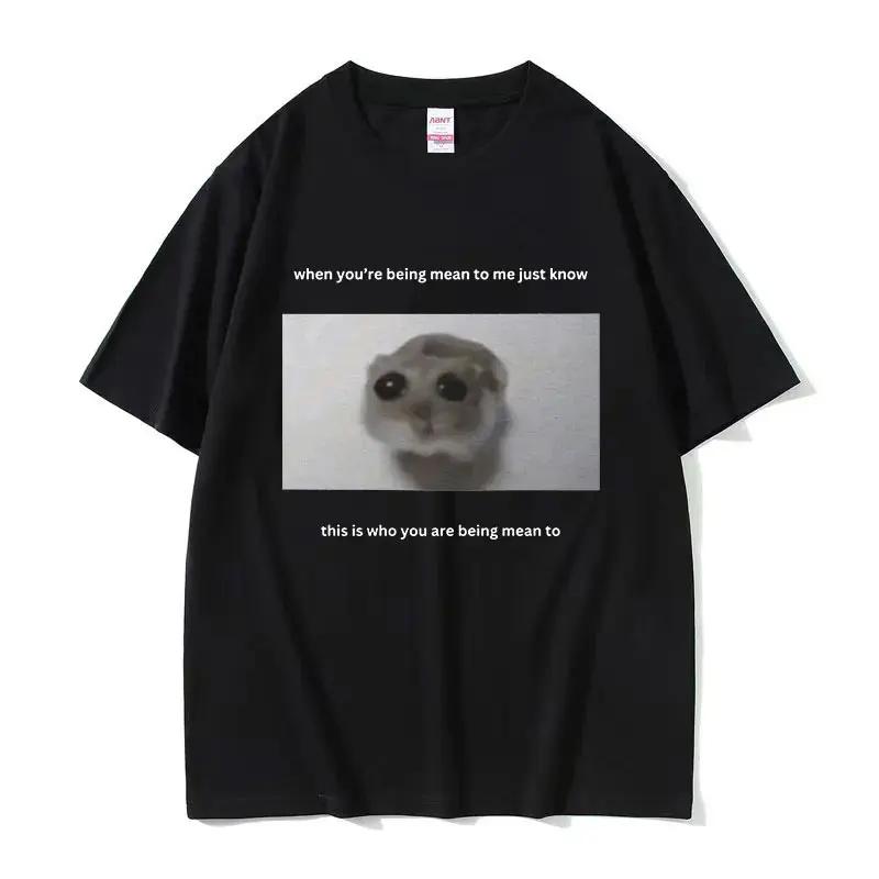Смешная Модная Милая Кавайная Грустная Хомяк Мем Футболка Мужская Женская Летняя Мода Винтажная Футболка Повседневная Оверсайз Футболка Уличная Одежда