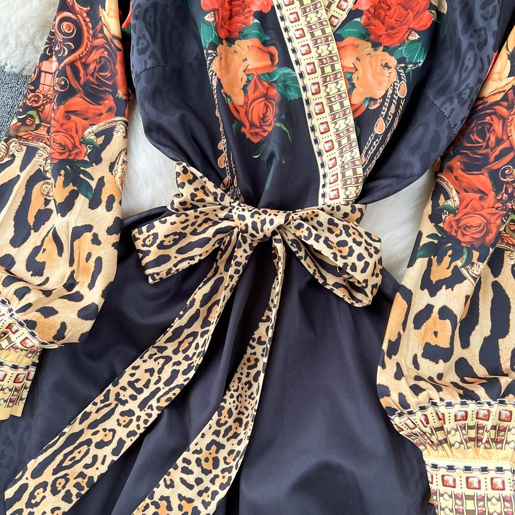 Весенне-осеннее женское винтажное праздничное платье с принтом и v-образным вырезом на шнуровке, длинное платье макси до щиколотки