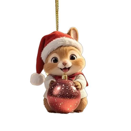 Acrylic Squirrel Ornament with Santa Hat 2D Christmas Tree Decoration Festive Hanging Decor for Car Home