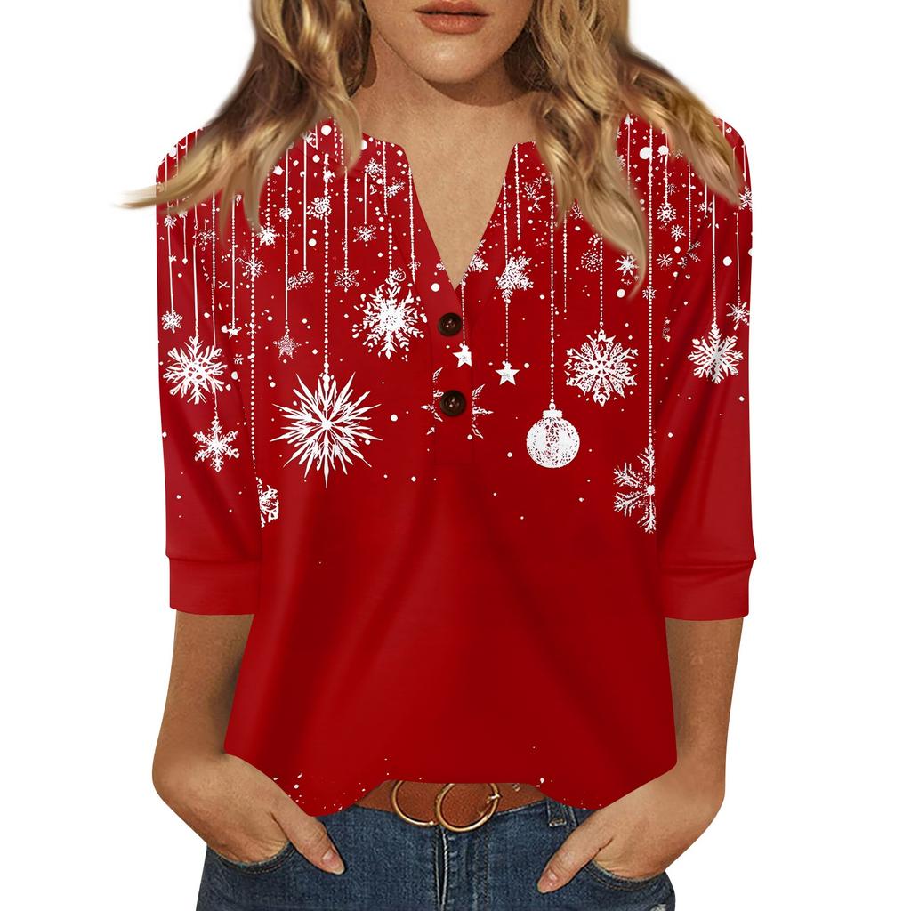 Женская футболка с рождественским принтом, на пуговицах, рукав 3/4, повседневная, выходного дня, модная, базовая, с V-образным вырезом, стандартный топ