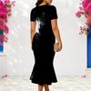 Women Plus Size V Neck Short Sleeve Red Black Printed Fitted Fishtail Dress