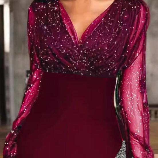 Женское платье весна-осень с V-образным вырезом, рукавами-фонариками, неровным подолом, прозрачной сеткой, пайетками, в стиле пэчворк, сверху