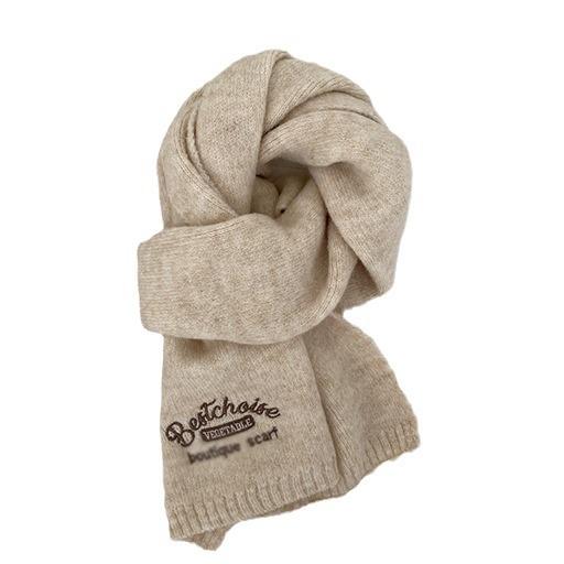 Winter new Korean version wool scarf solid color high-end embroidery knitted versatile warm windproof scarf women's cold protection