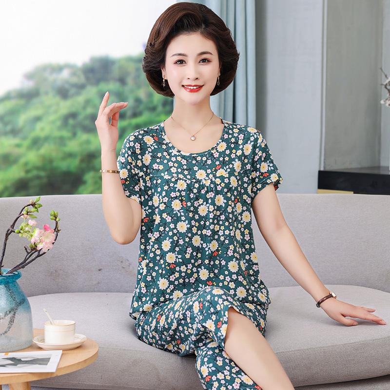 Женский летний хлопковый пижамный комплект больших размеров для женщин среднего и пожилого возраста - Домашняя одежда с короткими рукавами, подходящая для ношения на улице