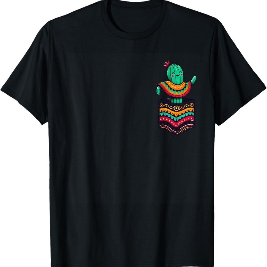 Cute Cactus Pocket Serape Cinco De Mayo Mexican Party Fiesta T-Shirt