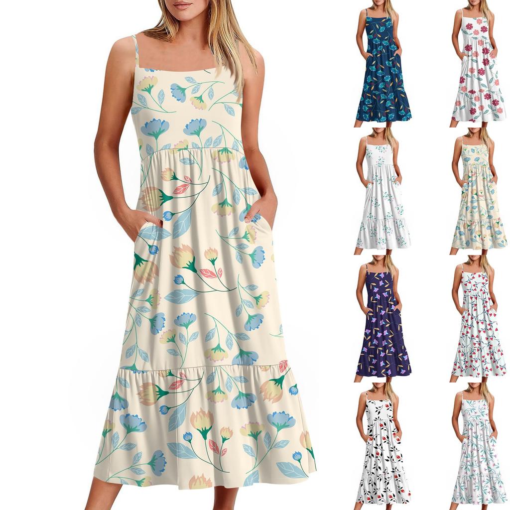 Women's Long Beach Casual Elegant Spaghetti Strap Maxi Dress Floral Low-key Flowing Bohemian Dress